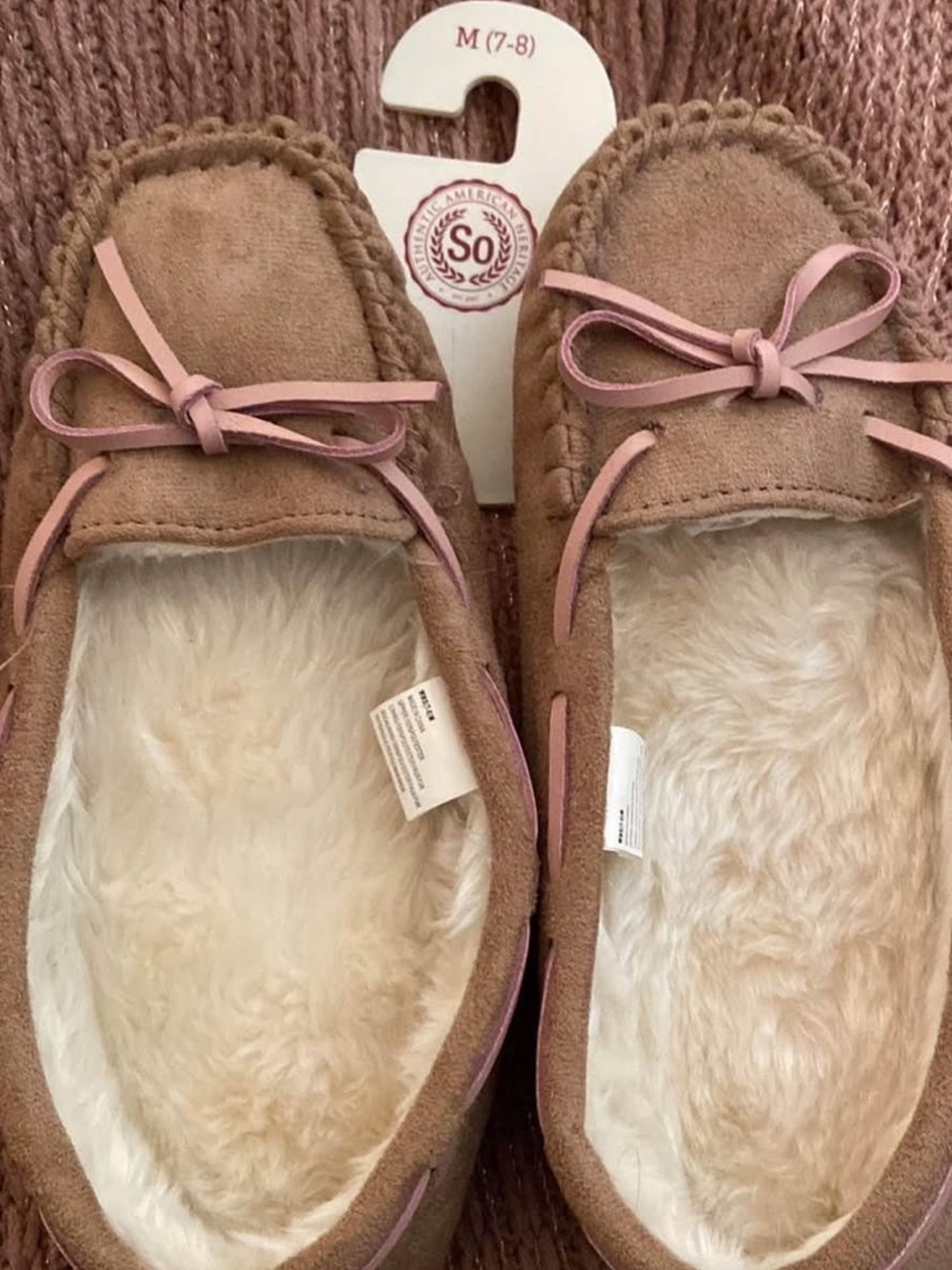 SO Women's Taupe Suede Moccasin Slippers with Pink Trim